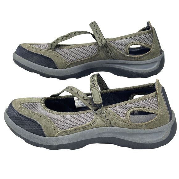 Lands' End Mary Jane Shoe Womens 8D Wide Green Gray Mesh Trekker Leather Hiking - Picture 4 of 12